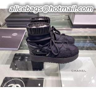 Top Design Chanel Tweed Trim Lace-ups Platform Short Boots G35303 All Black 2019