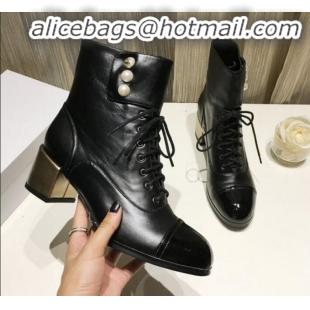 Cheap Price Chanel Calfskin Pearls Lace-up Short Boots G21216 Black 2019