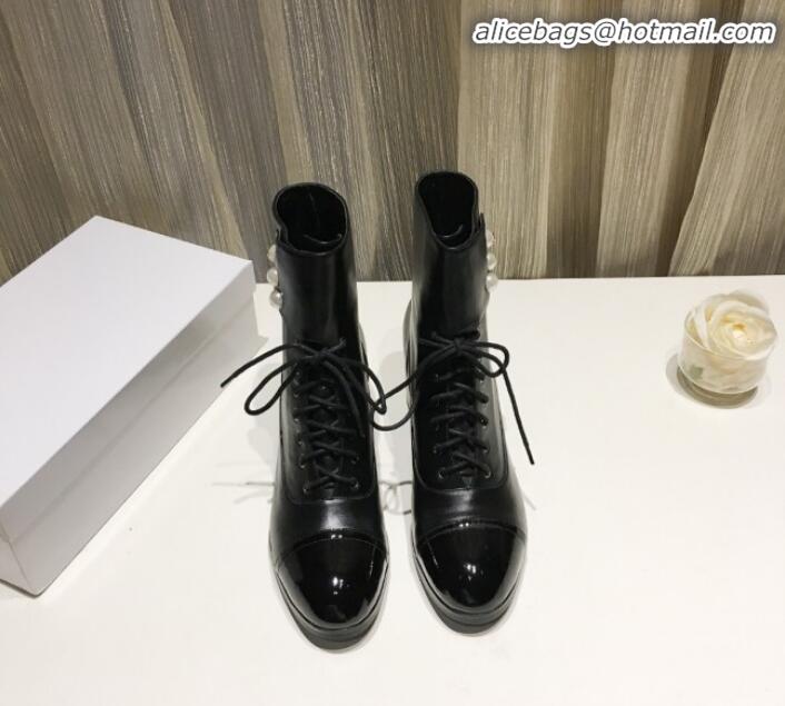 Cheap Price Chanel Calfskin Pearls Lace-up Short Boots G21216 Black 2019