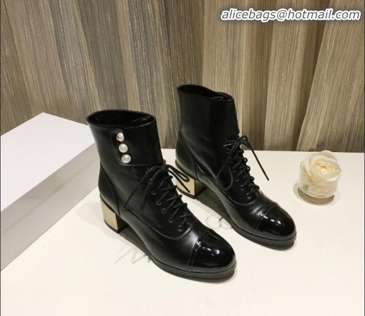 Cheap Price Chanel Calfskin Pearls Lace-up Short Boots G21216 Black 2019