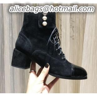 Discount Chanel Suede Pearls Lace-up Short Boots G21217 Black 2019