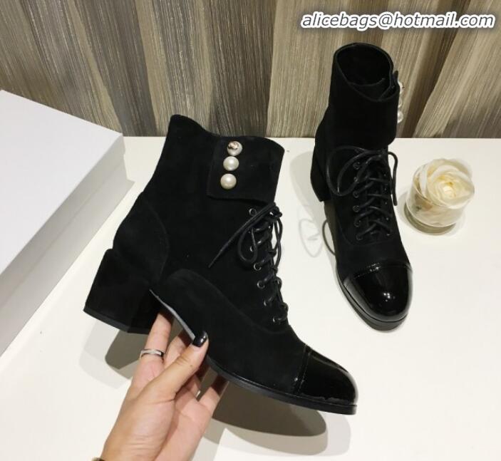 Discount Chanel Suede Pearls Lace-up Short Boots G21217 Black 2019