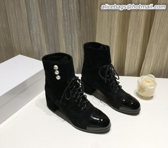 Discount Chanel Suede Pearls Lace-up Short Boots G21217 Black 2019