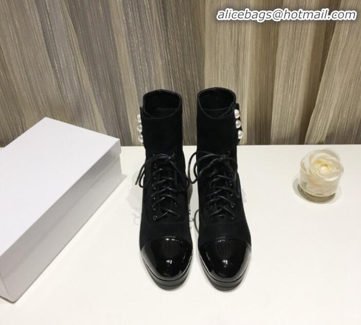 Discount Chanel Suede Pearls Lace-up Short Boots G21217 Black 2019