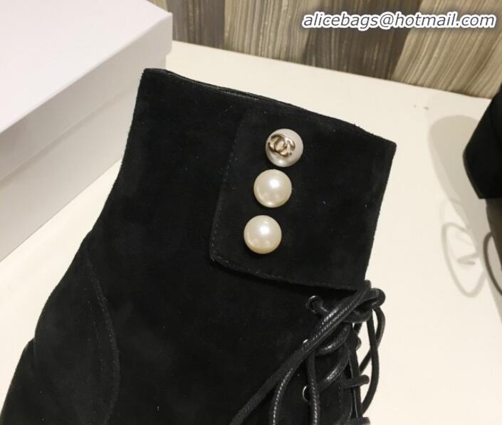 Discount Chanel Suede Pearls Lace-up Short Boots G21217 Black 2019