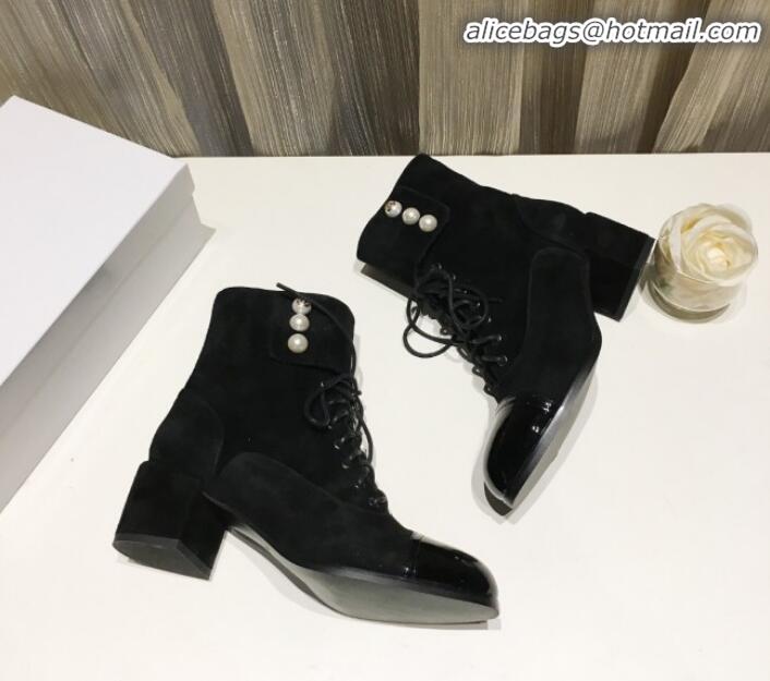 Discount Chanel Suede Pearls Lace-up Short Boots G21217 Black 2019