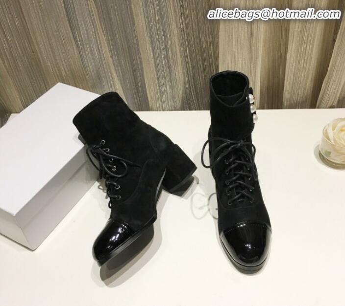 Discount Chanel Suede Pearls Lace-up Short Boots G21217 Black 2019