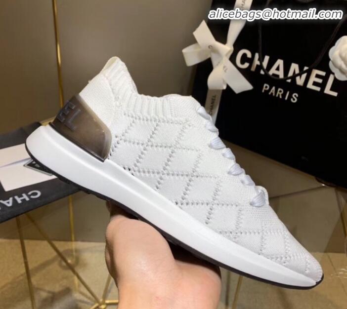 Charming Chanel Quilted Knit Fabric Sneakers G35549 White 2020