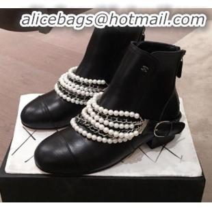 Luxury Discount Chanel Pearl Chain Buckle Short Boots G21619 Black 2019 