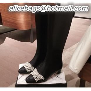 Good Quality Chanel Leather Pearl Chain High Boots G21621 Black 2019