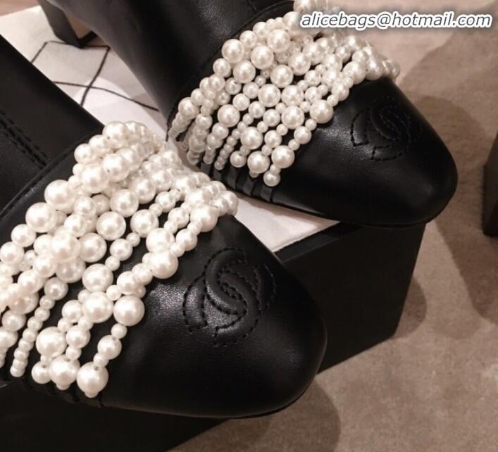 Good Quality Chanel Leather Pearl Chain High Boots G21621 Black 2019