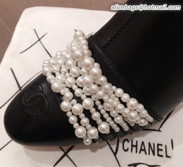 Good Quality Chanel Leather Pearl Chain High Boots G21621 Black 2019