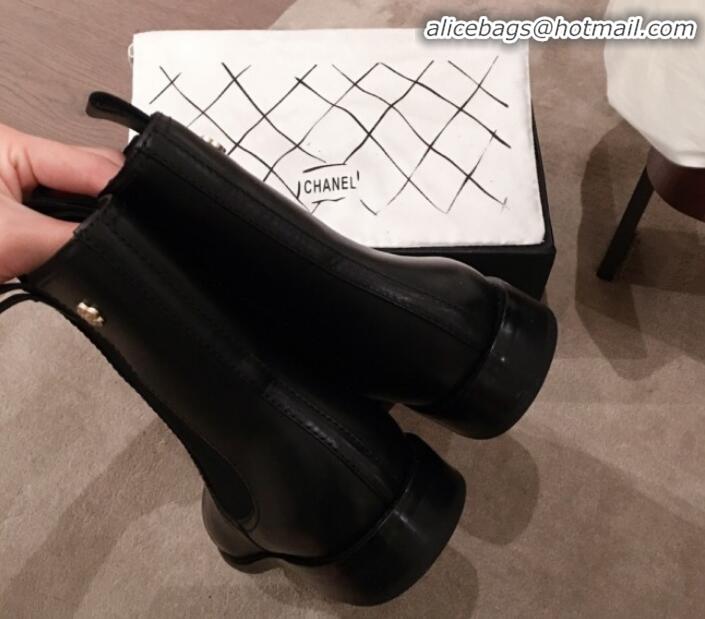 Unique Grade Chanel Leather Camellia Slip-on Flat Short Boots G21622 Black 2019 