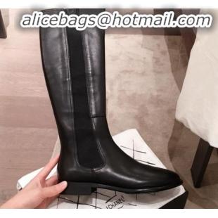 Luxury Chanel Leather Camellia Slip-on Flat High Boots G21623 Black 2019 