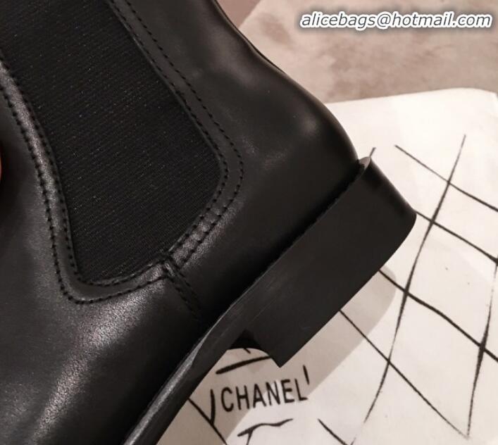 Luxury Chanel Leather Camellia Slip-on Flat High Boots G21623 Black 2019 