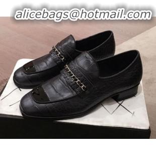 Best Imitation Chanel Crocodile Embossed Leather Loafers G34827 Black