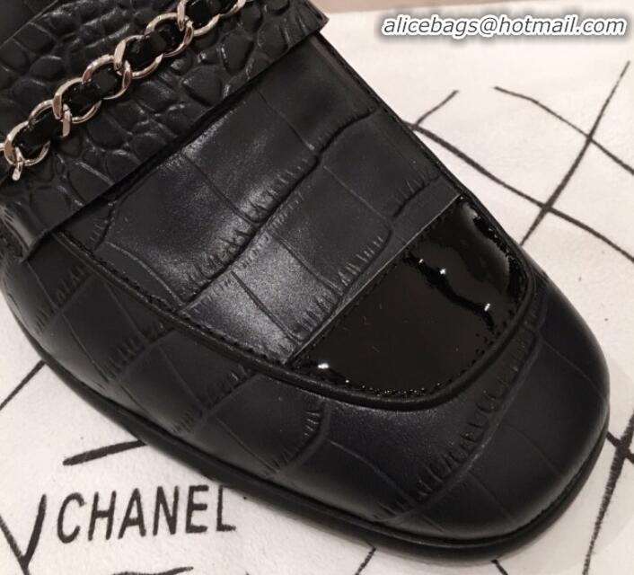 Best Imitation Chanel Crocodile Embossed Leather Loafers G34827 Black