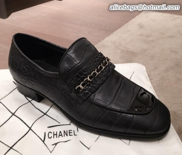 Best Imitation Chanel Crocodile Embossed Leather Loafers G34827 Black