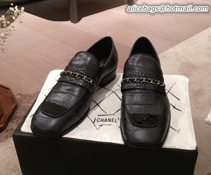 Best Imitation Chanel Crocodile Embossed Leather Loafers G34827 Black