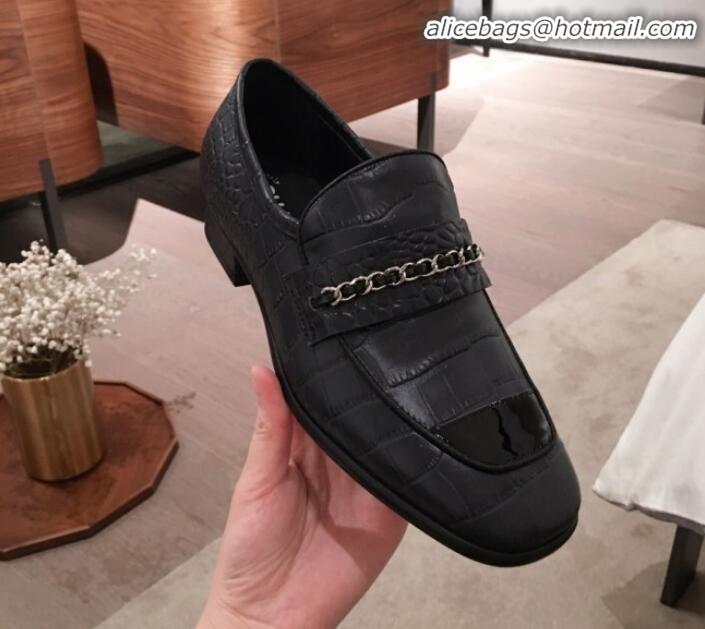 Best Imitation Chanel Crocodile Embossed Leather Loafers G34827 Black