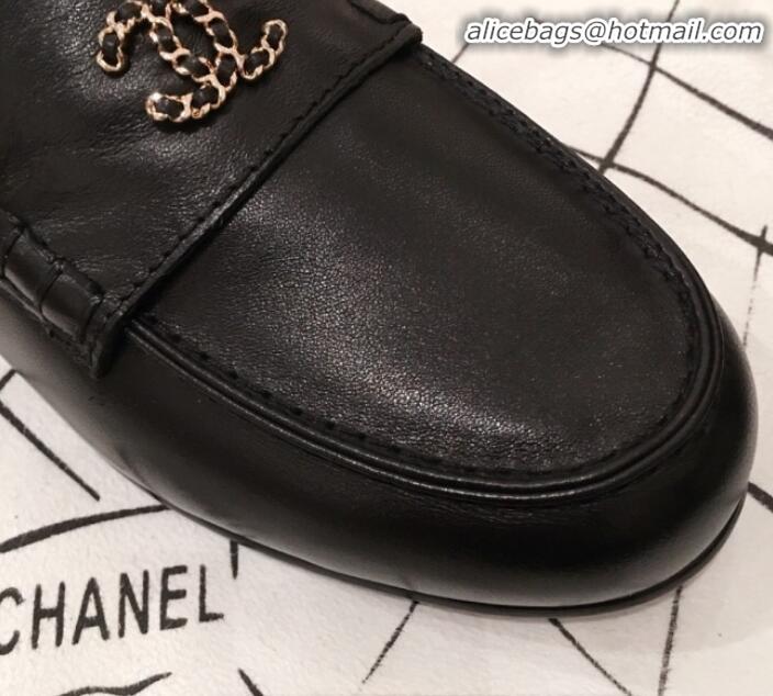 Best Quality Chanel Lambskin Chain Leather Trim Loafers G22022 Black