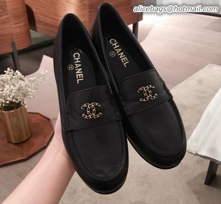 Best Quality Chanel Lambskin Chain Leather Trim Loafers G22022 Black