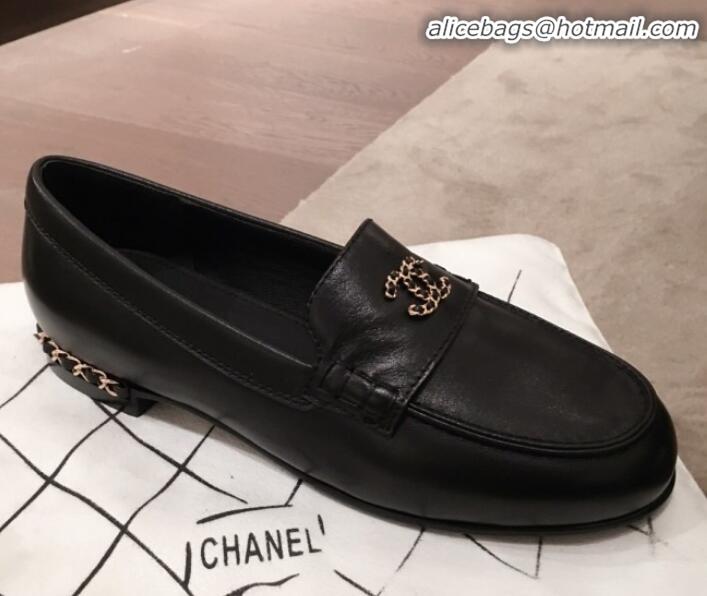 Best Quality Chanel Lambskin Chain Leather Trim Loafers G22022 Black