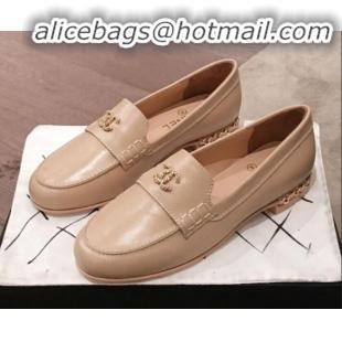 Classic Practical Chanel Lambskin Chain Leather Trim Loafers G22022 Apricot 