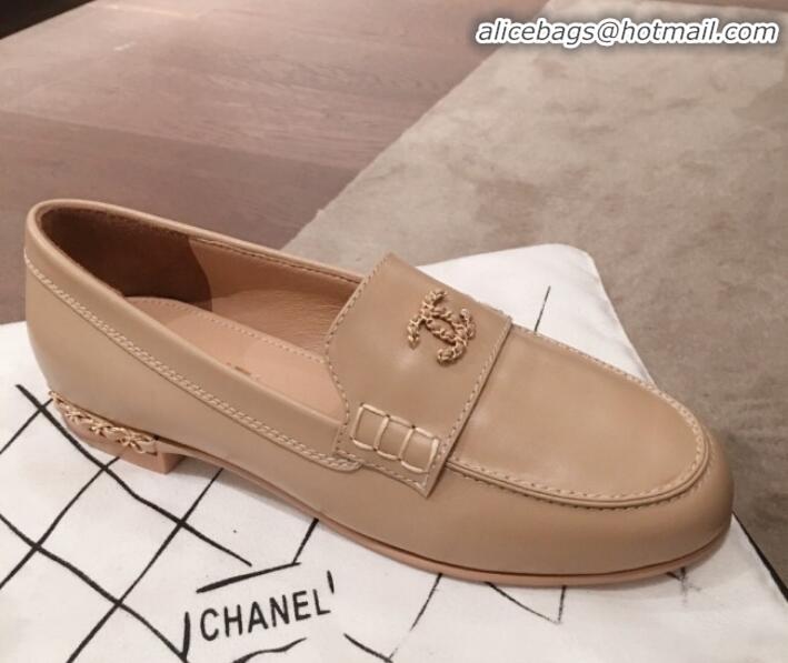 Classic Practical Chanel Lambskin Chain Leather Trim Loafers G22022 Apricot 