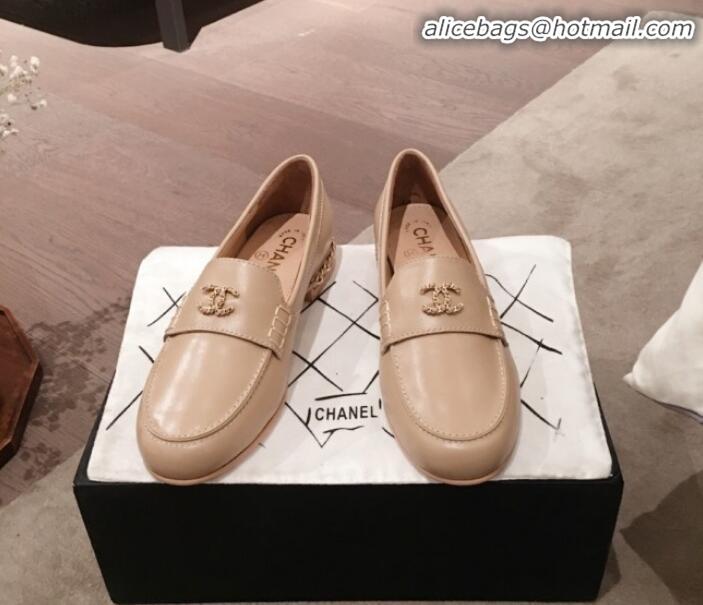 Classic Practical Chanel Lambskin Chain Leather Trim Loafers G22022 Apricot 