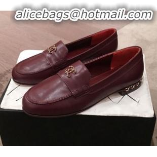 Fashion Chanel Lambskin Chain Leather Trim Loafers G22022 Burgundy