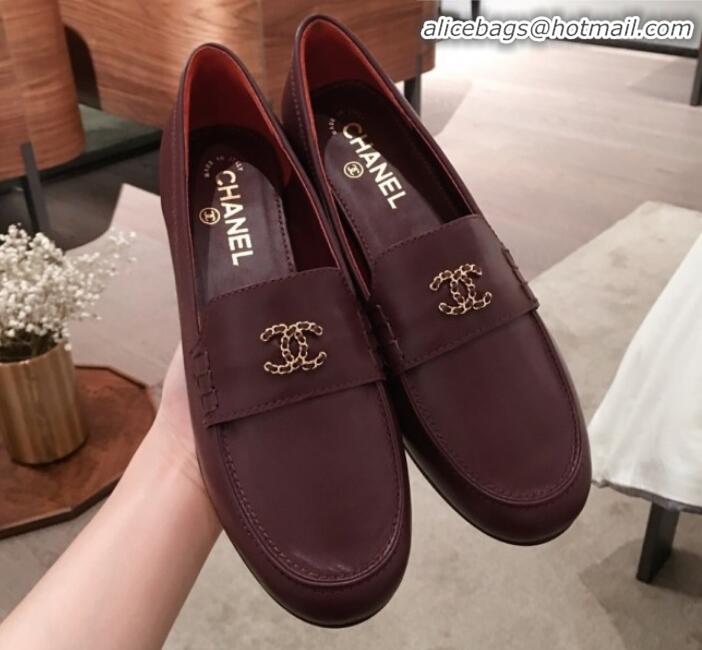 Fashion Chanel Lambskin Chain Leather Trim Loafers G22022 Burgundy