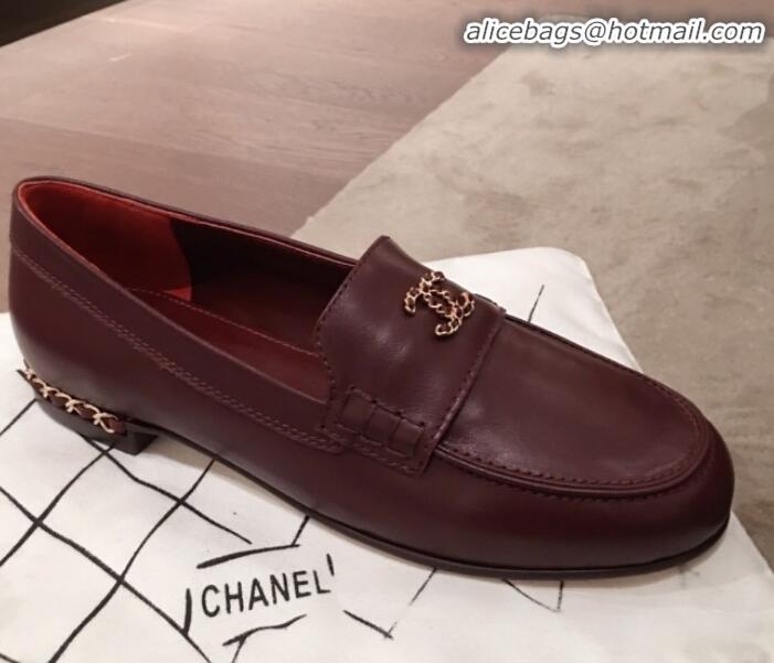 Fashion Chanel Lambskin Chain Leather Trim Loafers G22022 Burgundy