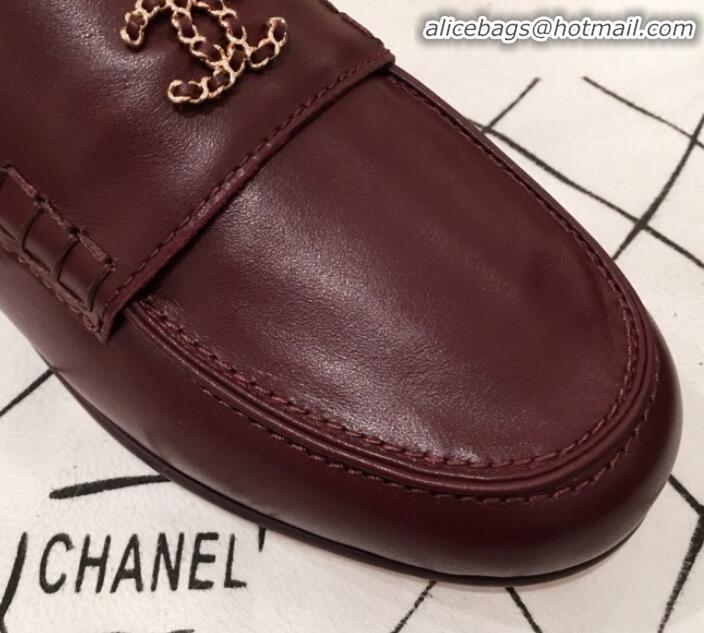 Fashion Chanel Lambskin Chain Leather Trim Loafers G22022 Burgundy