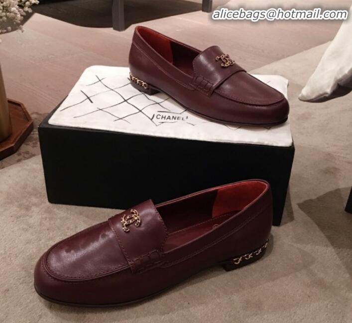 Fashion Chanel Lambskin Chain Leather Trim Loafers G22022 Burgundy