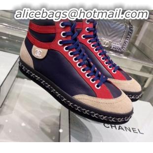 Lowest Cost Chanel Lambskin Chain Leather High-top Sneakers G35600 Navy Blue 2020