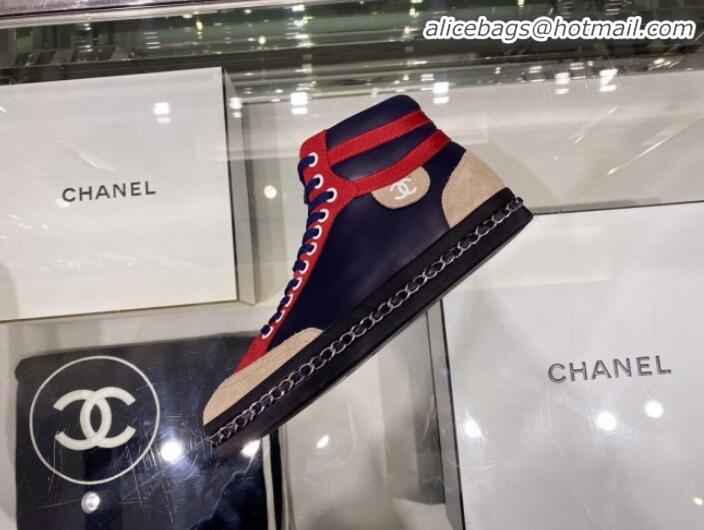 Lowest Cost Chanel Lambskin Chain Leather High-top Sneakers G35600 Navy Blue 2020