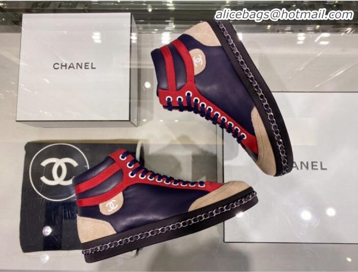 Lowest Cost Chanel Lambskin Chain Leather High-top Sneakers G35600 Navy Blue 2020