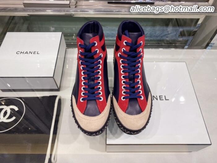 Lowest Cost Chanel Lambskin Chain Leather High-top Sneakers G35600 Navy Blue 2020