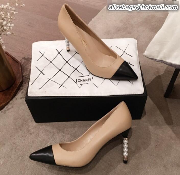 Shop Duplicate Chanel Lambskin Pearl Heel Pumps G35534 Nude 2020