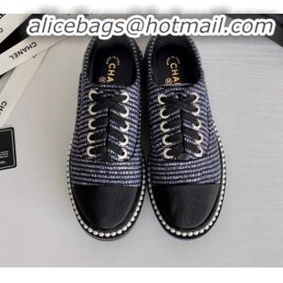 Best Design Chanel Pearl Fabric Sneakers G23128 Navy Blue 2020 