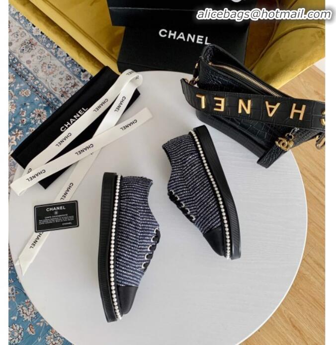 Best Design Chanel Pearl Fabric Sneakers G23128 Navy Blue 2020 