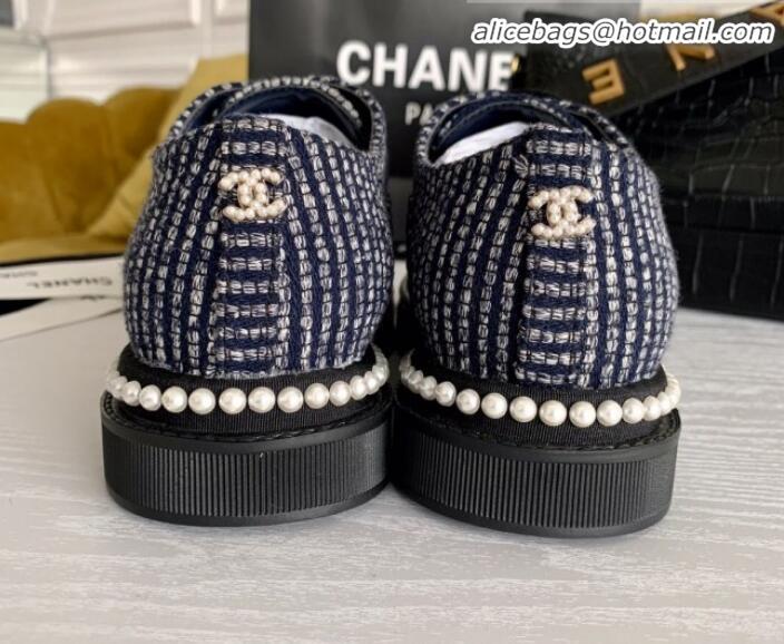 Best Design Chanel Pearl Fabric Sneakers G23128 Navy Blue 2020 