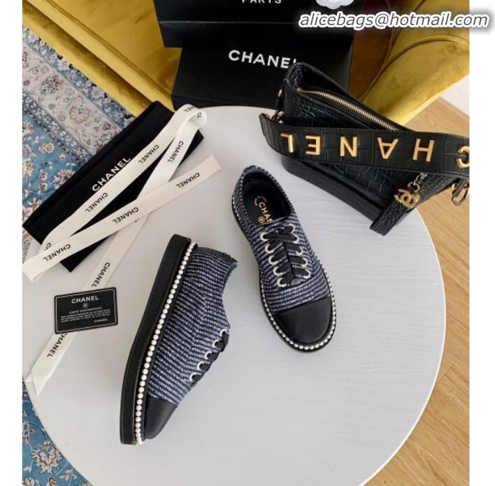 Best Design Chanel Pearl Fabric Sneakers G23128 Navy Blue 2020 