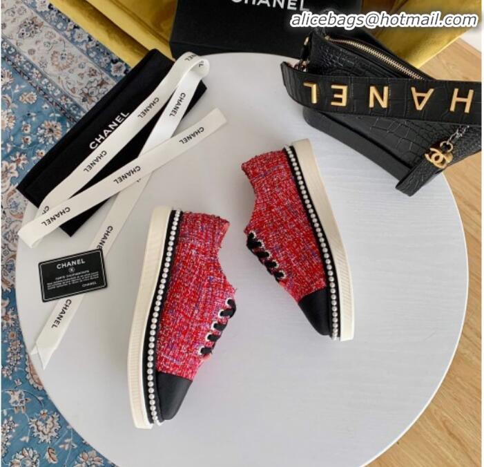 Good Product Chanel Pearl Fabric Sneakers G23128 Red 2020 