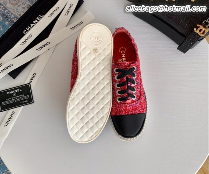 Good Product Chanel Pearl Fabric Sneakers G23128 Red 2020 