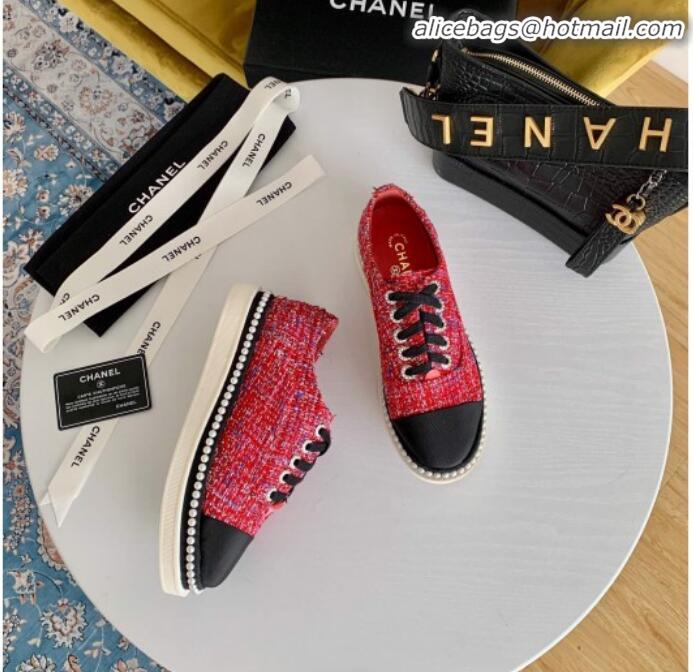 Good Product Chanel Pearl Fabric Sneakers G23128 Red 2020 