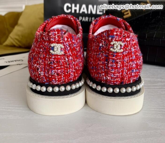 Good Product Chanel Pearl Fabric Sneakers G23128 Red 2020 