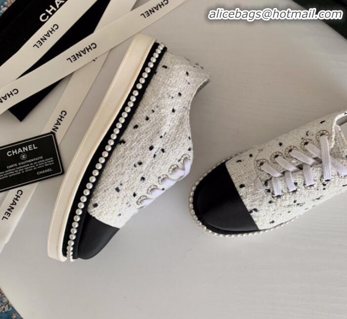 New Style Chanel Pearl Fabric Sneakers G23128 White 2020 