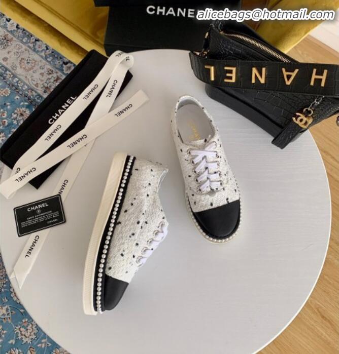 New Style Chanel Pearl Fabric Sneakers G23128 White 2020 